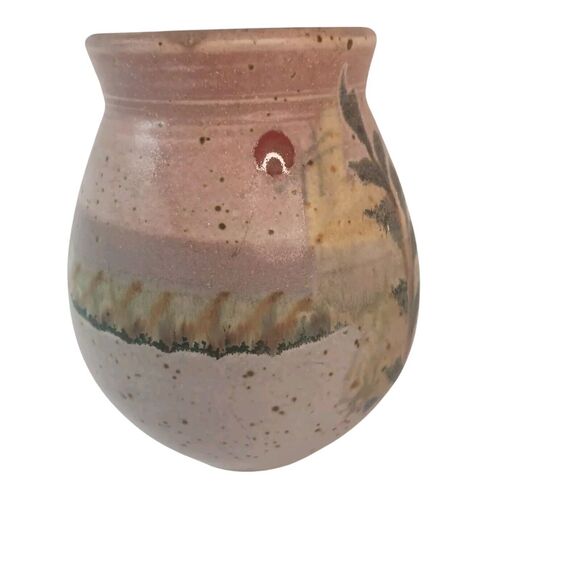 Bridget Hauser Signed Art Pottery Vase Pastels Pink Green Leaves Speckled 5"x 4" - Picture 7 of 13